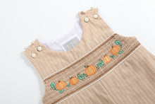 Load image into Gallery viewer, Light Brown Pinstripe Pumpkin Smocked Overalls
