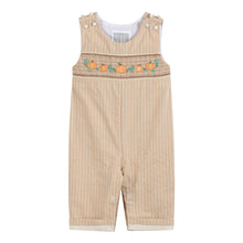 Load image into Gallery viewer, Light Brown Pinstripe Pumpkin Smocked Overalls