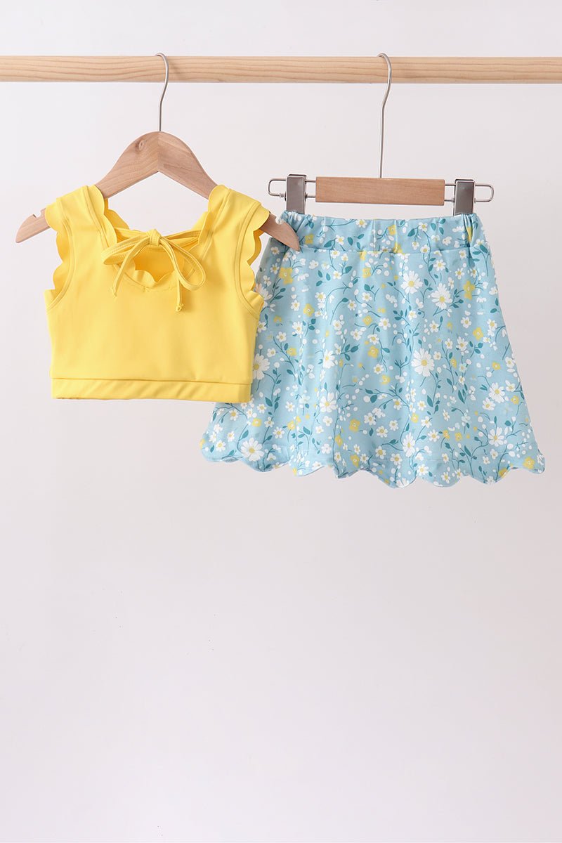 Mustard&green floral bow skorts set - Abbies Place