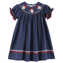 Load image into Gallery viewer, Navy Blue Santa Smocked Bishop Dress