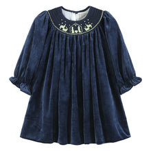 Load image into Gallery viewer, Navy Blue Velvet Gold Nativity Smocked Bishop Dress