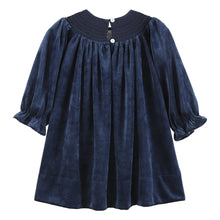 Load image into Gallery viewer, Navy Blue Velvet Gold Nativity Smocked Bishop Dress