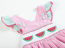 Load image into Gallery viewer, Pink and Green Watermelon Smocked Bubble Ruffle Romper