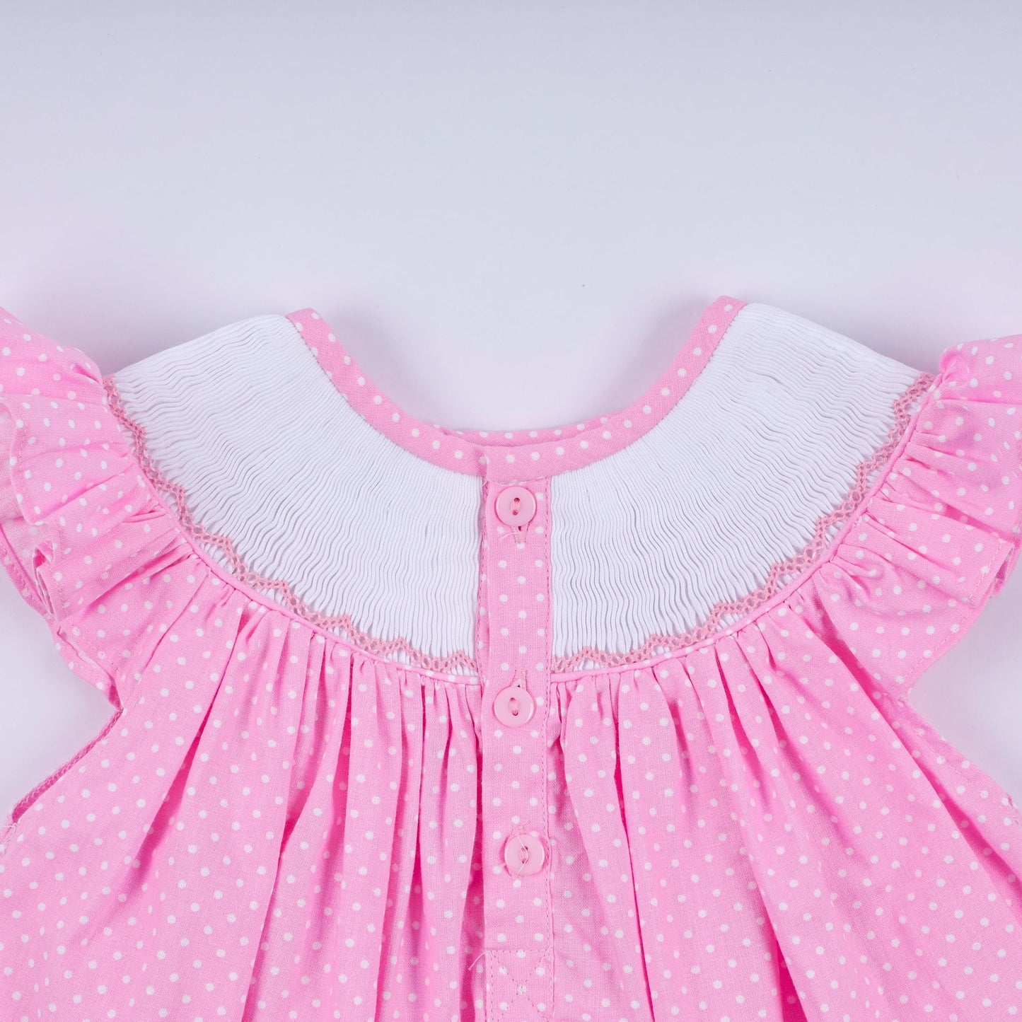 Pink character hand smocked dot ruffle bloomer set - Abbies Place