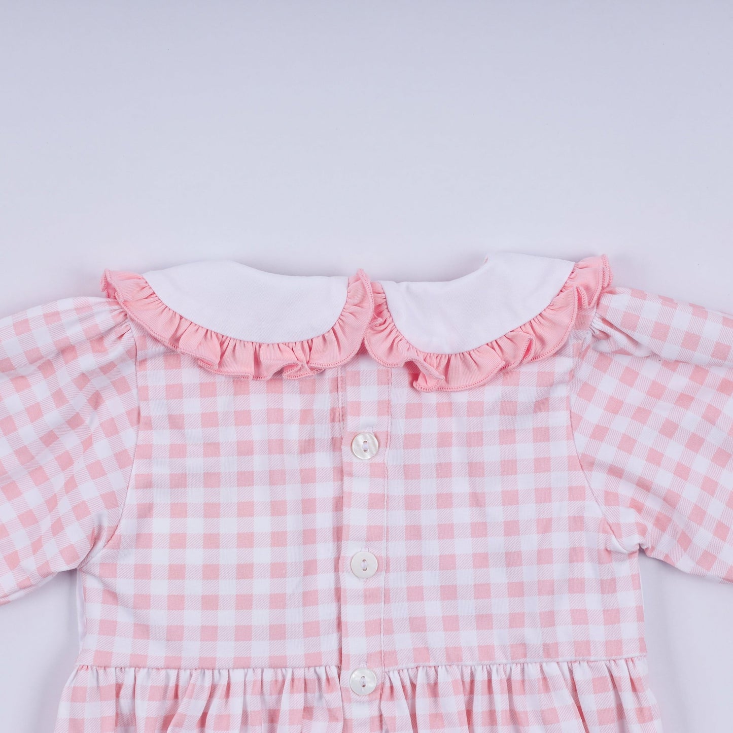 Pink gingerbread hand smocked gingham ruffle bubble - Abbies Place