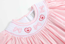 Load image into Gallery viewer, Pink Hearts & Bows Smocked Bishop Dress
