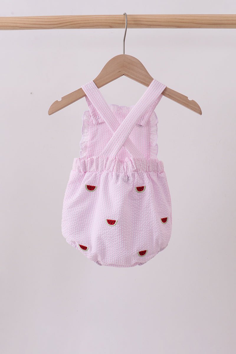 Pink stripe watermelon embroidery seersucker ruffle bubble - Abbies Place
