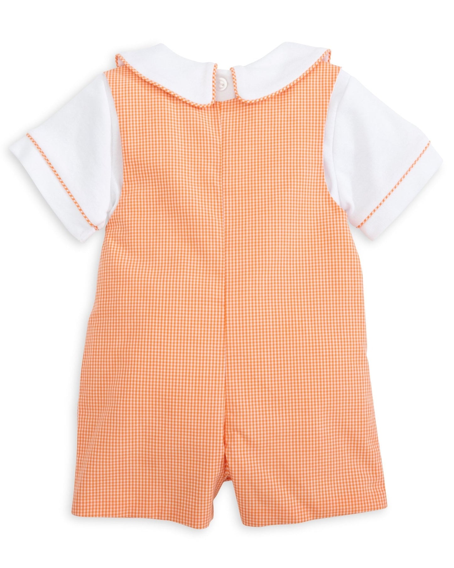 Proper Pumpkins Orange Gingham Shortall and Shirt Set with Pumpkin Embroidered Tabs - Abbies Place