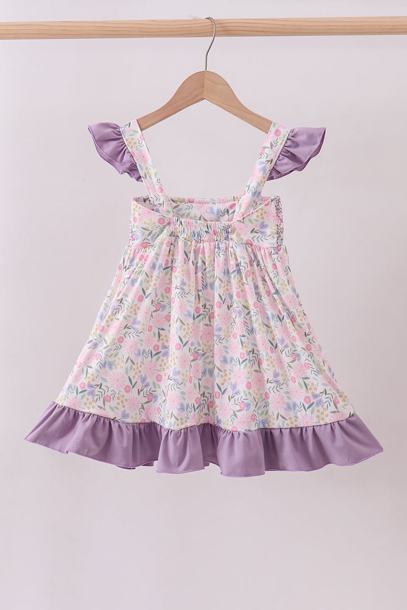 Purple floral smocked ruffle dress - Abbies Place