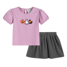 Load image into Gallery viewer, Purple Halloween Ruffle Top and Gray Skort Set