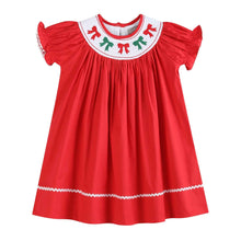 Load image into Gallery viewer, Red Christmas Bows Smocked Bishop Dress