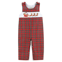Load image into Gallery viewer, Red Christmas Plaid Santa Sleigh Smocked Overalls