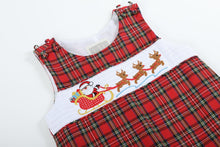 Load image into Gallery viewer, Red Christmas Plaid Santa Sleigh Smocked Overalls