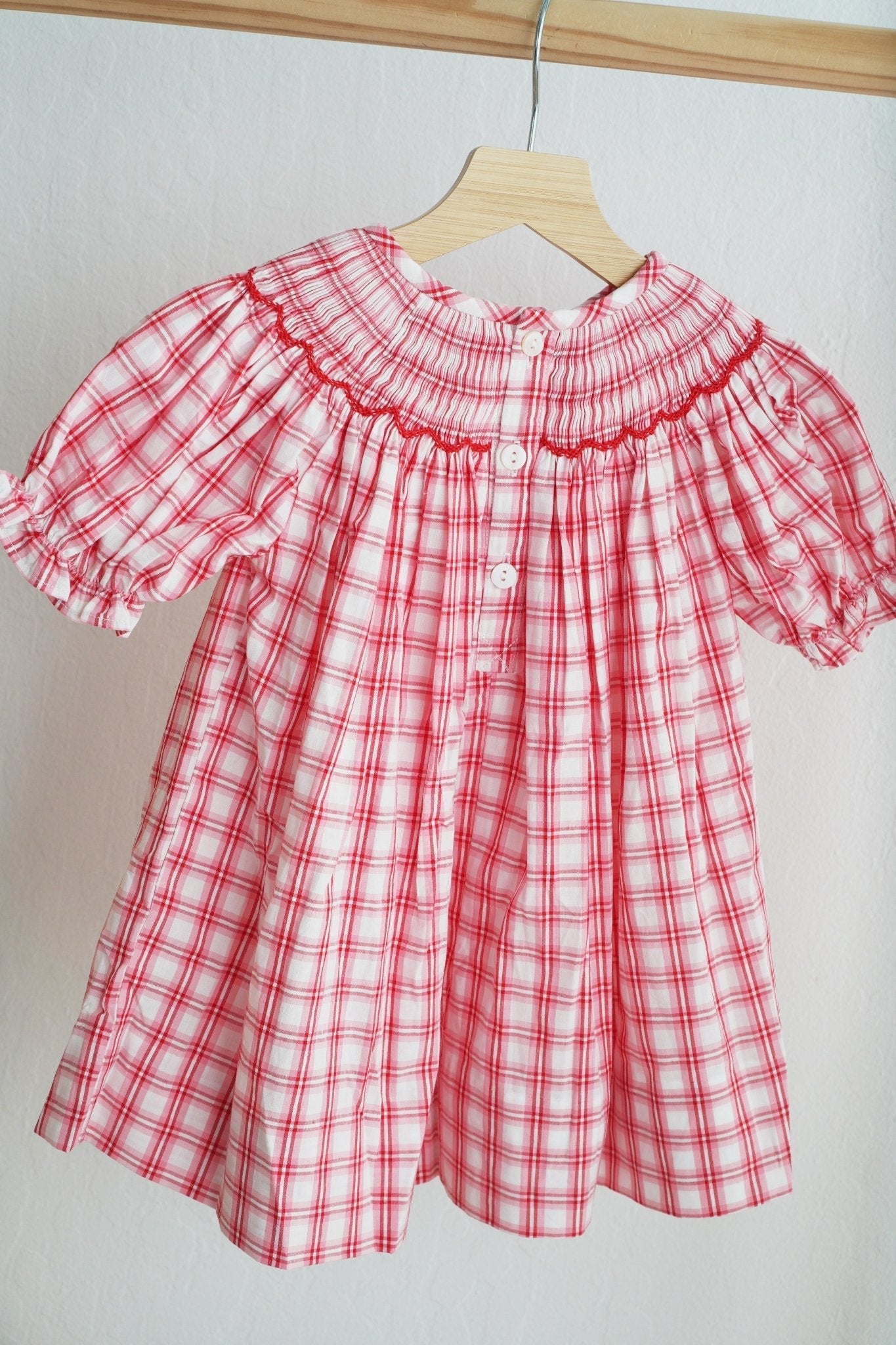 Red christmas santa claus hand smocked plaid dress - Abbies Place