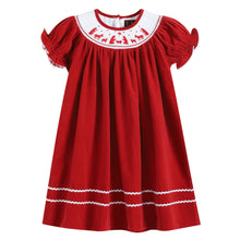 Load image into Gallery viewer, Red Corduroy Christmas Nativity Smocked Bishop Dress