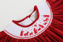 Load image into Gallery viewer, Red Corduroy Christmas Nativity Smocked Bishop Dress