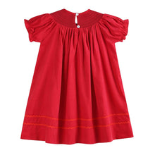 Load image into Gallery viewer, Red Corduroy Mistletoe Smocked Bishop Dress