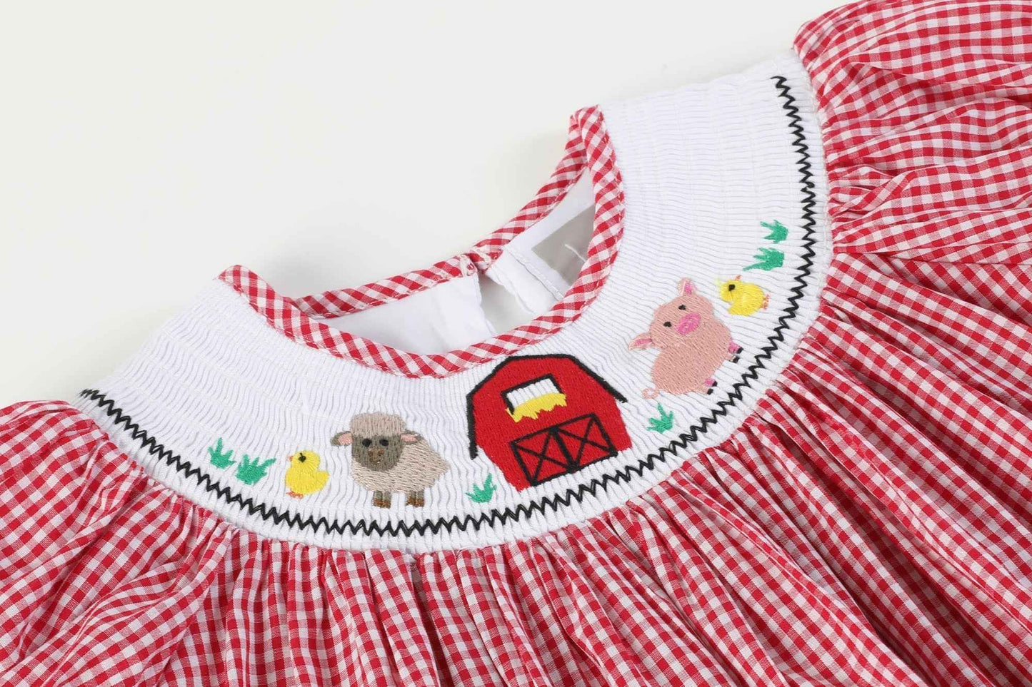 Red Gingham Barn Animals Smocked Bishop Dress - Abbies Place