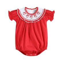 Load image into Gallery viewer, Red Santa Smocked Ruffle Romper