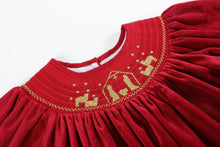 Load image into Gallery viewer, Red Velvet Nativity Smocked Dress