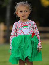 Load image into Gallery viewer, Christmas Santa Applique Floral Long Sleeve Ruffle with Bow Ties Girls Dress