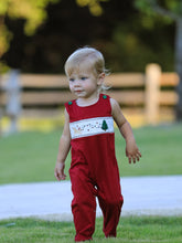 Load image into Gallery viewer, Christmas Tree Dog Smocking Embroidered Baby Boys Romper