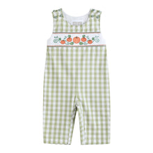 Load image into Gallery viewer, Sage Green Gingham Pumpkin Smocked Overalls