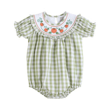 Load image into Gallery viewer, Sage Green Gingham Pumpkin Smocked Romper