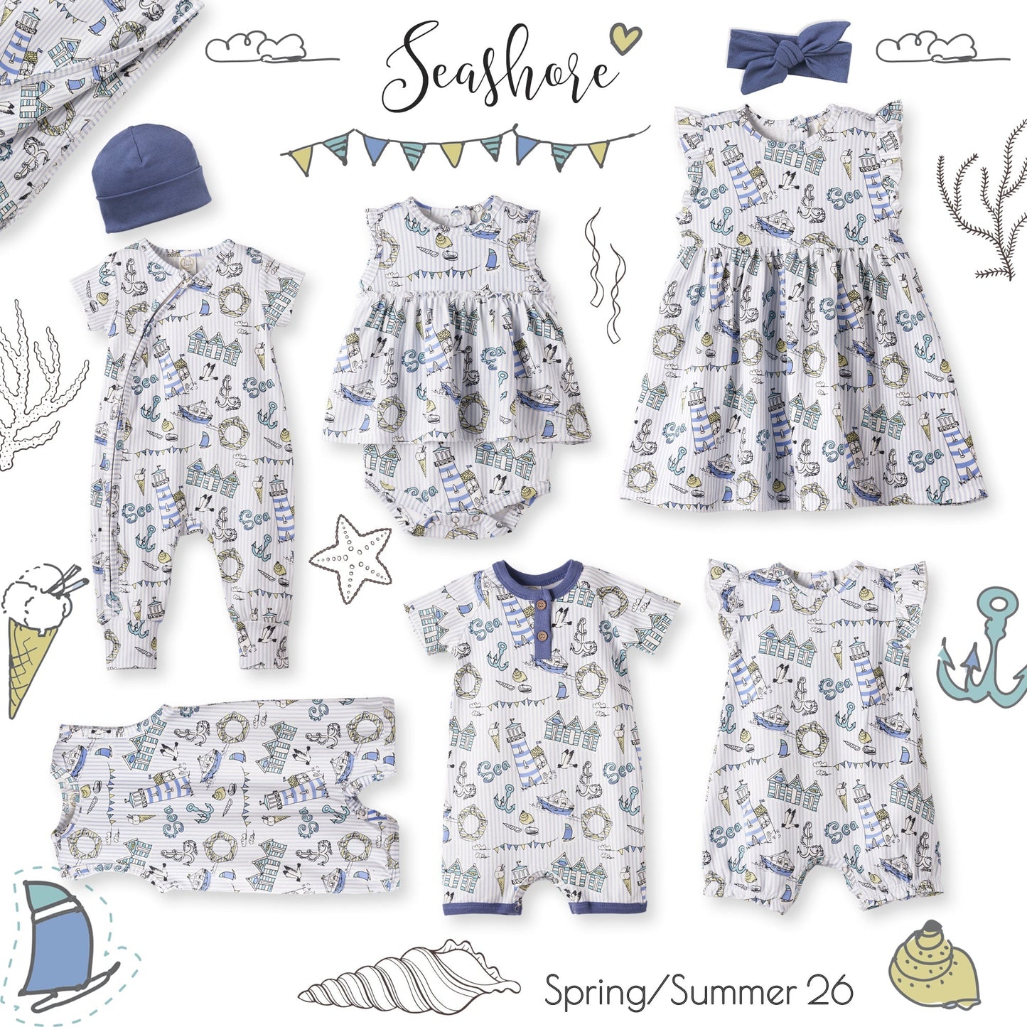 Seashore Baby Zipper Romper – Bamboo with Convertible Cuffs - Abbies Place