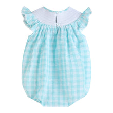 Load image into Gallery viewer, Turquoise Gingham Whale Smocked Flutter Bubble Romper