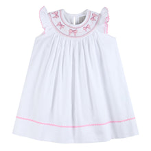 Load image into Gallery viewer, White and Pink Bows Smocked Bishop Dress