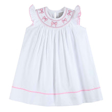 Load image into Gallery viewer, White and Pink Bows Smocked Bishop Dress