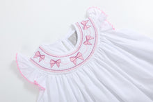 Load image into Gallery viewer, White and Pink Bows Smocked Bishop Dress