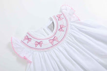 Load image into Gallery viewer, White and Pink Bows Smocked Bishop Dress
