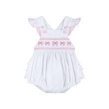 Load image into Gallery viewer, White and Pink Bows Smocked Ruffle Romper