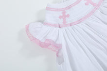 Load image into Gallery viewer, White and Pink Cross Smocked Bishop Dress