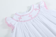 Load image into Gallery viewer, White and Pink Cross Smocked Bishop Dress