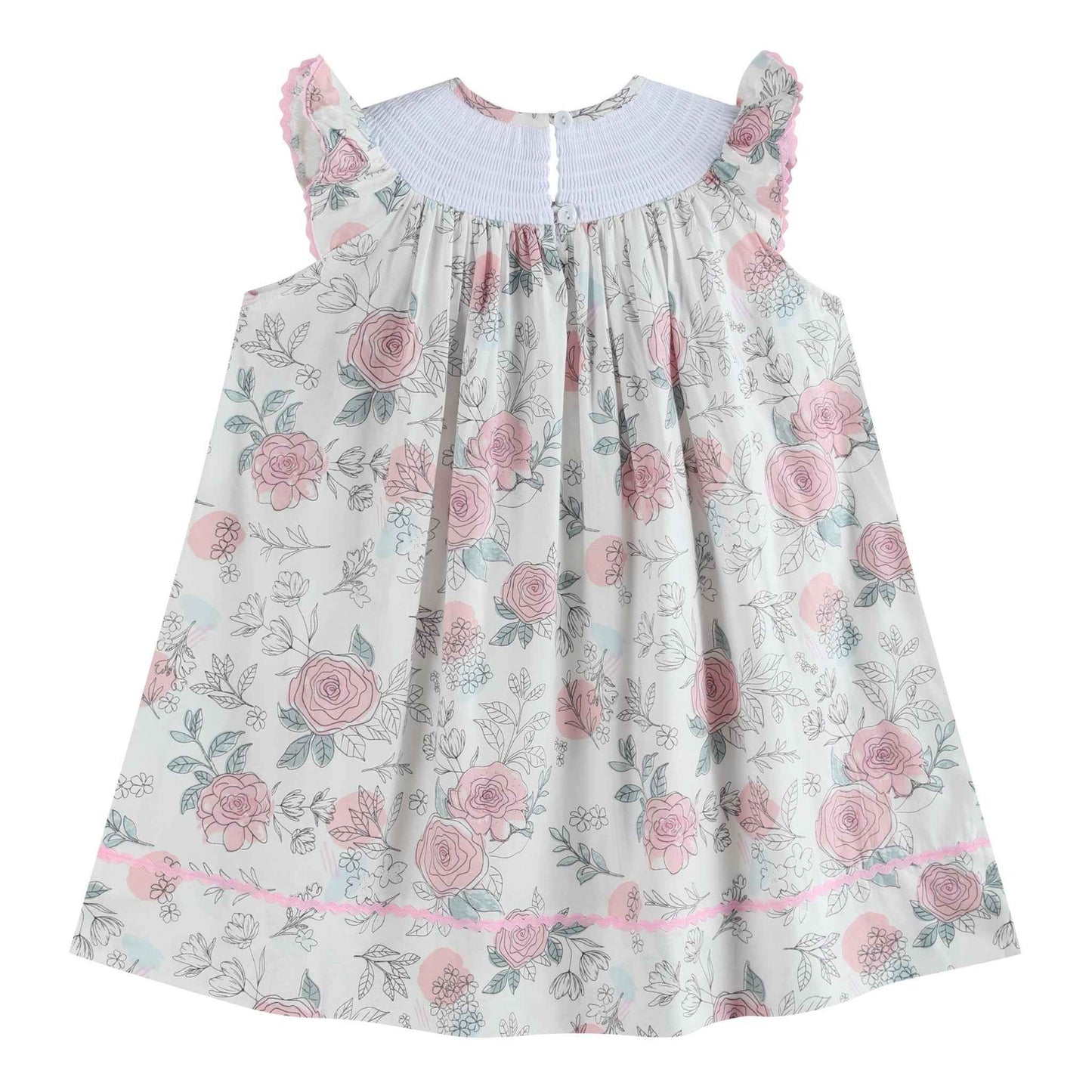 White and Pink Floral Smocked Bishop Dress - Abbies Place