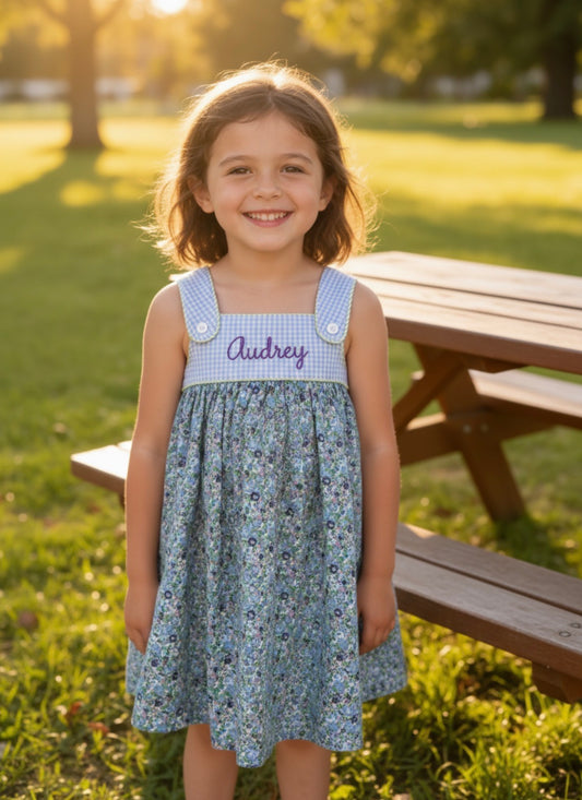 Gingham and Floral Tab Dress-Monogram-Place name special instructions at Checkout