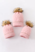 Load image into Gallery viewer, Pink cross cable knit pom pom beanie hat baby toddler adult
