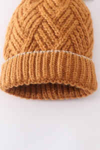 Camel cross cable knit pom pom beanie hat baby toddler adult