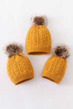 Load image into Gallery viewer, Mustard cable knit pom pom beanie hat baby toddler adult
