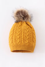 Load image into Gallery viewer, Mustard cable knit pom pom beanie hat baby toddler adult
