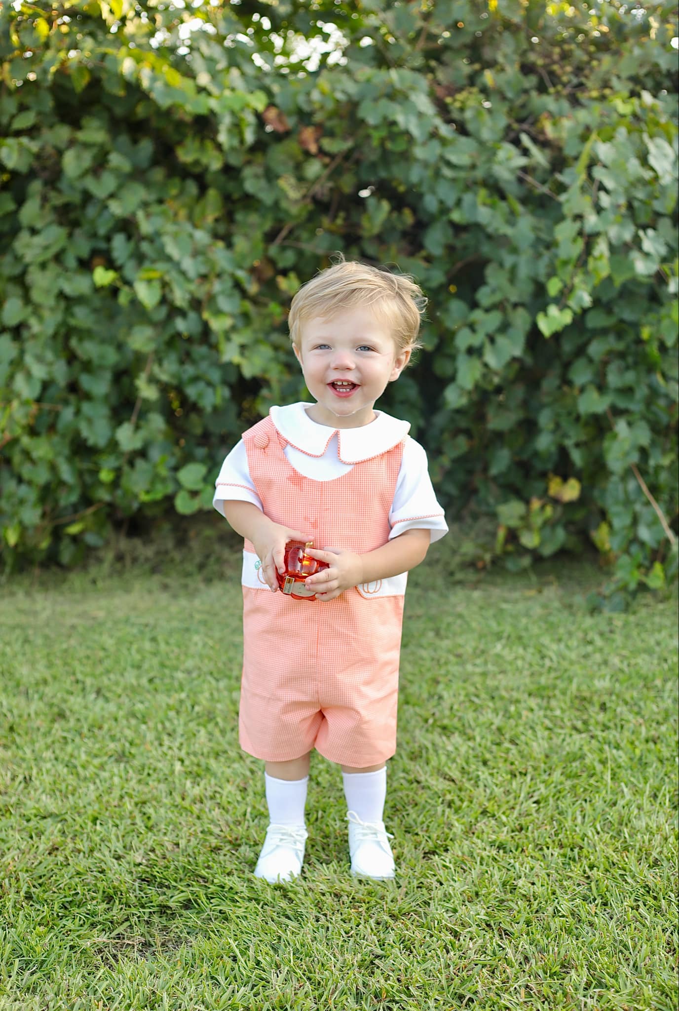 Proper Pumpkins Orange Gingham Shortall and Shirt Set with Pumpkin Embroidered Tabs