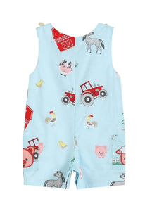 Light Blue Barnyard Print Applique Farm Animals Overalls - Image #2