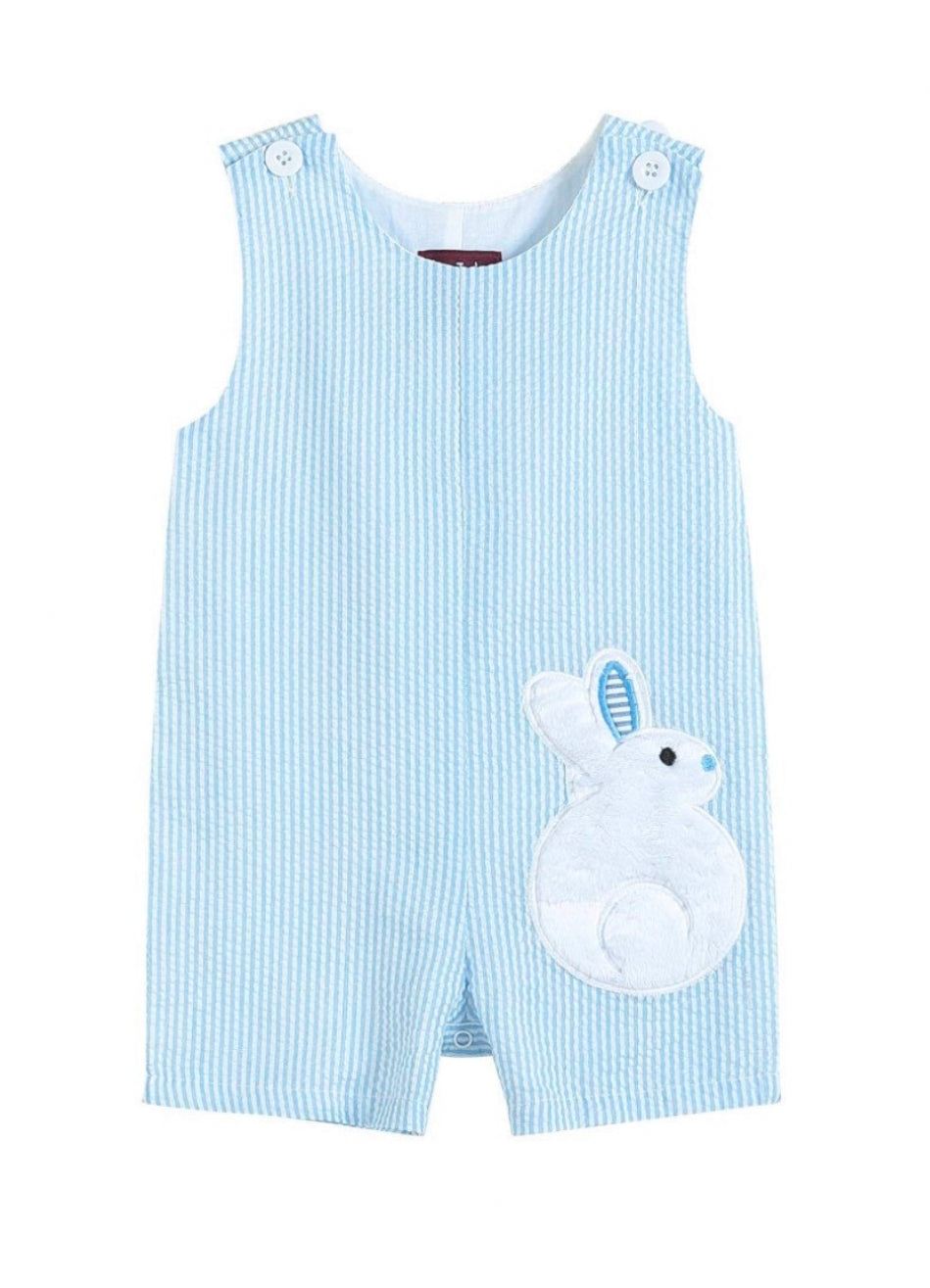 Light Blue Seersucker Fuzzy Bunny Shortalls