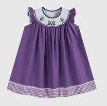 Load image into Gallery viewer, Purple and Gingham Mardi Gras Smocked Bishop Dress

