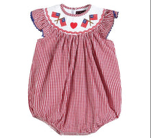 Load image into Gallery viewer, Red Gingham American Flag &amp; Heart Smocked Romper - Image #1
