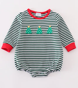 Premium green stripe christmas tree embroidery boy bubble