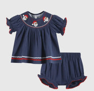 Preorder 8/15-9/15-Navy Blue Santa
Smocked Dress and Bloomers Set - Image #1